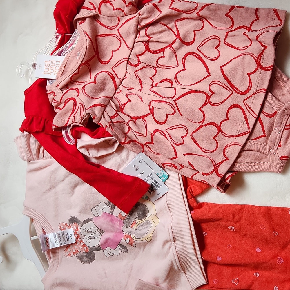 Baby Girl, Two Sets of Outfits, Minnie Mouse and Heart onesie and cardigan.